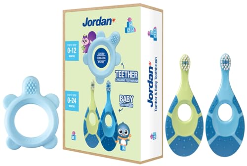 Jordan* Passo 0 - Escova de dentes de mordedor e treino | Sem BPA, higiénica, solução de dentição e escovagem precoce 2 em 1 para bebés | Azul, 1 mordedor 2 passos 1 escova de dentes