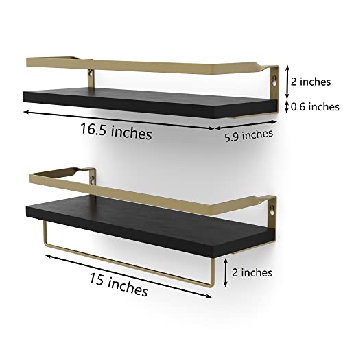 Mzf Home Decor Floating Shelves, Wall Shelves With Towel Bar/Hooks, Bathroom Wall Decor, Floating Shelves Wood For Bathroom/Living Room/Kitchen/Bedroom,(Gold-Black) Floating Bathroom Shelves #TOP1