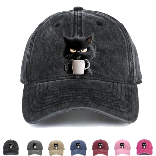 Feral but Fashionable, Adjustable Frownster Cat Coffee Hat, cat Hat Edition, Vintage Low Profile Cotton Baseball Cap, Lightweight and Breathable Material, Adjustable, for Men Wome (Black)