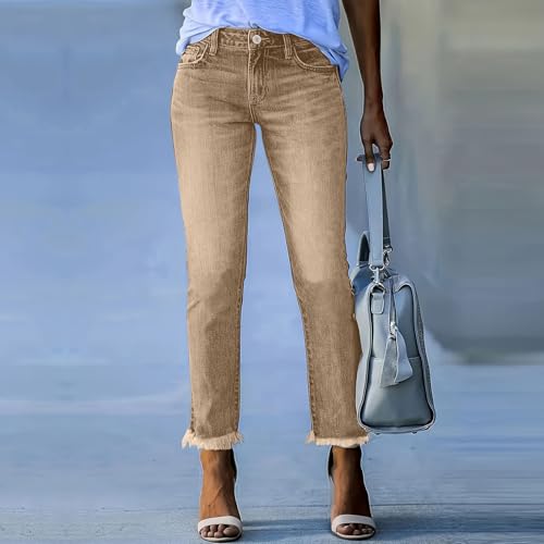 Straight Leg Jeans for Women High Rise Ladies Frayed Hem Boyfriend Jeans Denim Ankle Pants with Pockets4