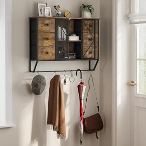 Farmhouse Rustic Medicine Cabinet with 6 Drawer Bathroom Wall Cabinet with 2 Barn Door Wall Mounted Storage Cabinet with 5 Hooks and Towel Bar 3 Tier Bathroom Cabinet for Bathroom