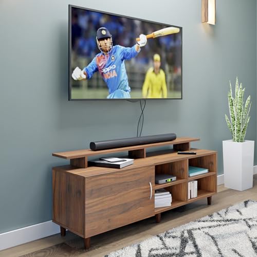 Image of VIKI Modern TV Unit for Living Room | Engineered Wood TV Cabinet with 1 Door Storage, 2 Open Shelves & Extension, Entertainment Unit, 140W x 48H x 40D cm | DIY | 1 Year Warranty (Walnut)