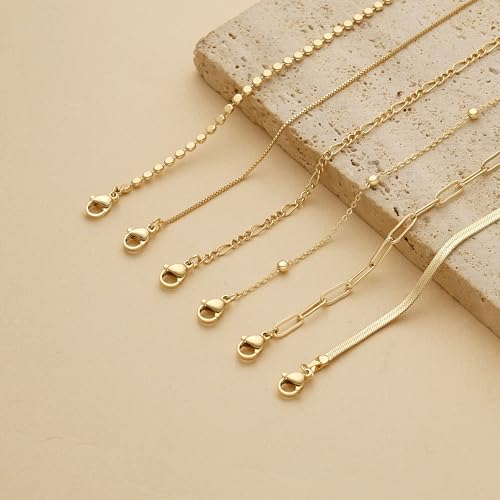DEARMAY 14K Gold Plated Bracelets Set for Womens Trendy Waterproof Dainty Gold Jewelry Fashion Stackable Beaded Figaro Herringbone Paperclip Link Box Chain Bracelet Pack Stack Gifts