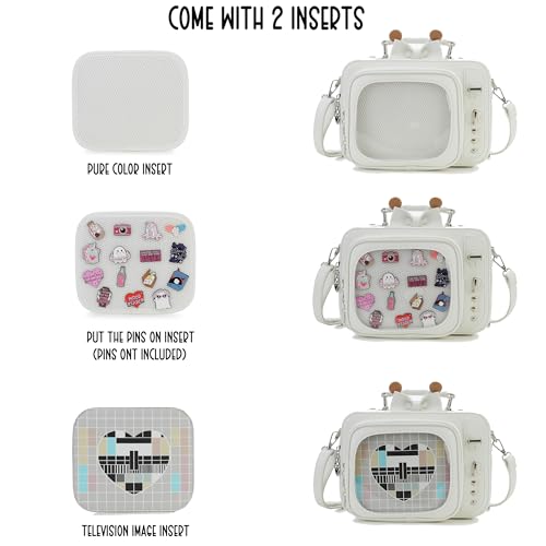 Image of Novelty Women TV Shape Ita Bag Retro Television Shoulder Bag Design Ita Backpack with Inserts Unique female Clear Windows Anime Display for Pins Display(White)