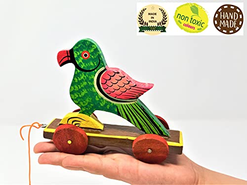 Image of A&A Kreative Box Wooden Pull Along Toy Encourage Walking, Build Gross Motor Skills and Hand-Eye Coordination Handcrafted by Indian Artisans for Kids Toddlers (Potloo Parrot)