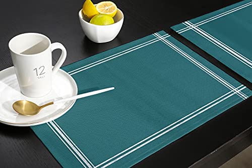 Solid Color Set Of 6 Placemats, Stain Proof Washable Decorative Kitchen Dining Table Mats Rectangle Pad Placemats Christmas Thanksgiving Decor, Pure Turquoise Pattern #TOP4
