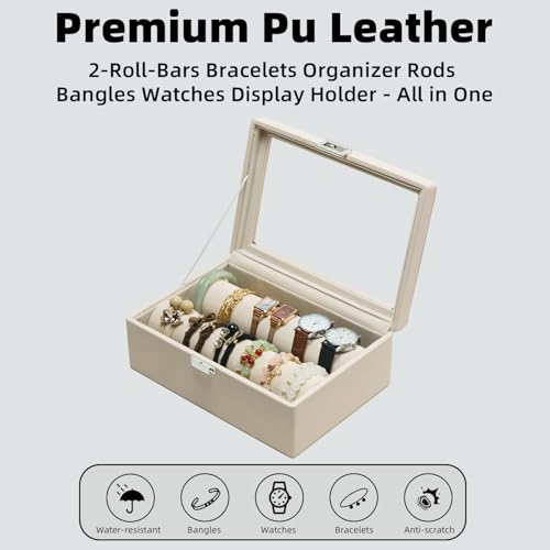 XHMQYC Bracelets Organizer Rods Bangles Display Holder, Clear See through Lid Leather Velvet Jewelry Storage Box Case for Women, 2 Rods Apricot Leather by XHMQYC - Used condition - Image 5
