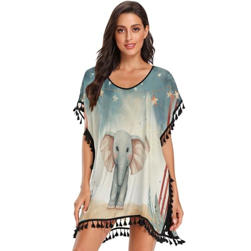 Cute Cartoon Animal Elephant Women's Beach Cover Up Chiffon Tassel Swimwear Swimsuit Coverups for Girl