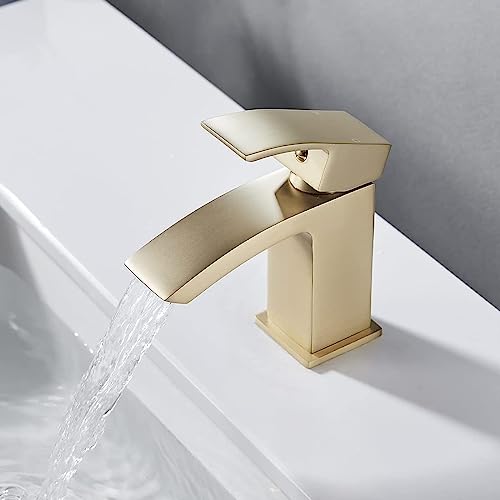Luckyhome Brushed Gold Basin Taps with Waste Bathroom Waterfall Basin Taps Mixer Faucet, N-gold - Image 4