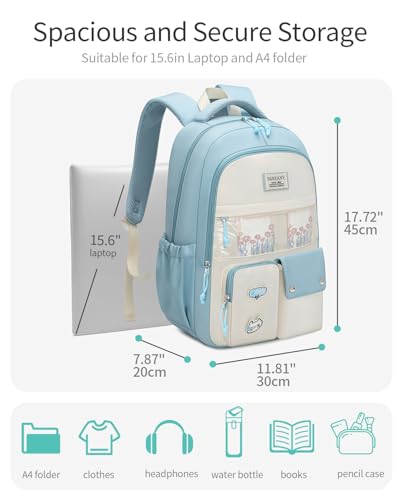 School Backpack, Cute Teen Girls Bookbag Large Capacity for Kids Elementary College Women Laptop Backpack Schoolbag with Accessories, Blue Beige4