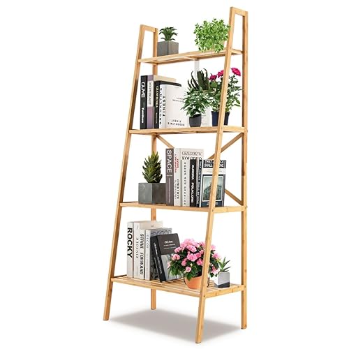 SFAREST Ladder Shelf, 4/6 Tiers Wooden Storage Rack with Footpads, Home Office Display Bookshelf Plant Stand for Living Room Bedroom Kitchen (60 x 35 x 148 cm, Natural)