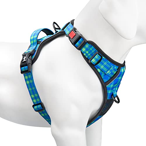 PoyPet No Pull Dog Harness, [Release on Neck] Reflective Adjustable No Choke Pet Vest with Front & Back 2 Leash Attachments, Soft Control Training Handle for Medium Dogs(Checkered Blue & Green,M)