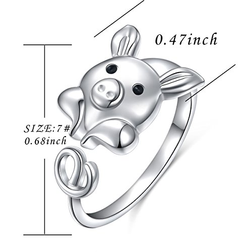 Flyow 925 Sterling Silver Cute Pig Wrap Ring For Women, Open Animal Ring Adjustable #TOP3