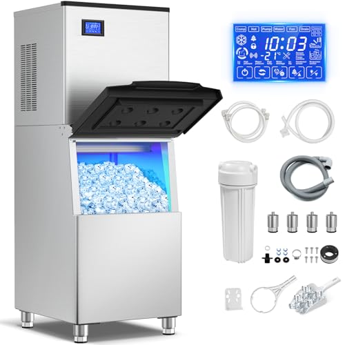 Commercial Ice Maker Machine 400 Lbs/24H, 350 Lbs Large Storage, Stainless Steel Commercial Ice Machine, 156 Ice Cubes/8-15 Min, Set Ice Thickness, 24