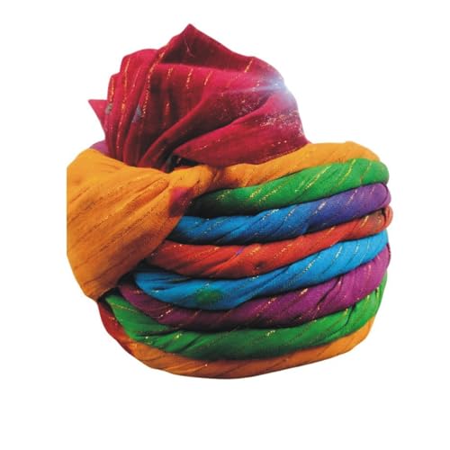 Image of DEHATIBAZAR | Traditional Turban with Tail | Safa with Bow | Red Base with Navy, Green, Orange Stripes | Rajasthani Safa | Provided with rubber ball support and packed in a corrugated box