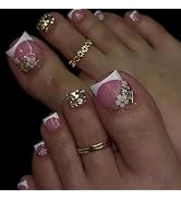 Square White French Tip Press on Toenails Short Pink Flower 3D Toenails Press ons Glitter Gold Fa...