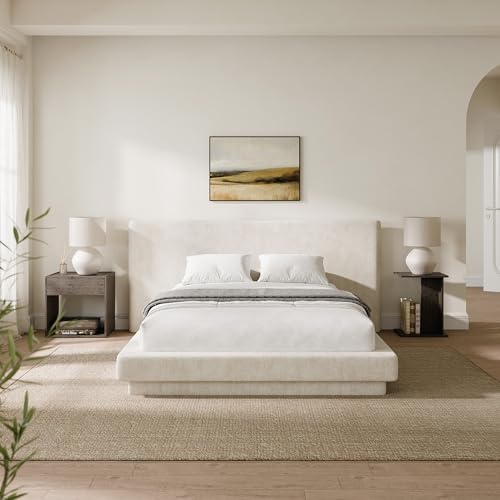 Image of RECCI AirFrame Cloud Platform Bed Frame with Round Edge Headboard, 5 Inch Foam Fully Cushioned, Beige Chenille Upholstered, Easy Assembly, No Box Spring Needed (California King)