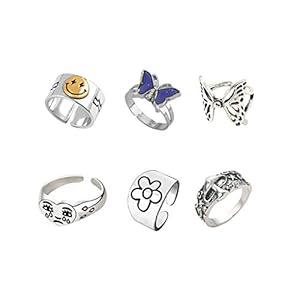 ItsStarred 6pcs Smiley Crying Face Knuckle Ring Set Chunky Adjustable Butterfly Vintage Silver Mushroom Star Flower Ring…