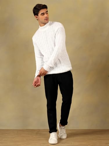 Image of Kvetoo Men's High Neck Cable Knit Sweater | Winter Pullover | Warm Wool Blend |Casual Full Sleeve Sweater for Men | Stylish Ribbed Neck Slim Fit Winterwear