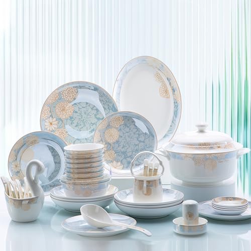 62 Pcs Top Porcelain China Dinnerware Set,Stoneware&Ceramic Dinnerware Sets,Ceramic Cookware Tableware Set Includes Dinner China Plates|Chinese Spoons|Pasta Bowls|Soup Pot|Chopsticks
