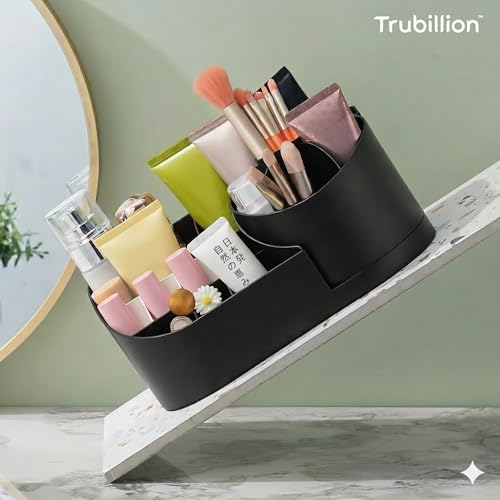Image of Revolve 360 Degree Rotating Office Desk and Makeup Brush Organizer Stand,Multipurpose Organizer with 16 Compartments for Brushes,Pens,Stationary,Durable,No Installation Needed (360 - Black)
