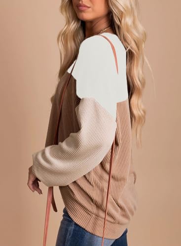 Image of Dokotoo Womens Tops Fashion 2026 Color Block Long Sleeve Shirts for Women Crewneck Knitted Casual Loose Blouses