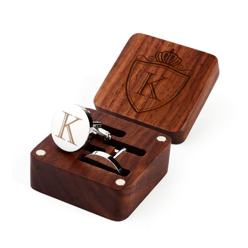 Image of Mens Initial Silver Cufflinks A-Z Alphabet Letter Steel Cuff Links with Engraved Walnut Wood Box Groom Groomsman Wedding Set
