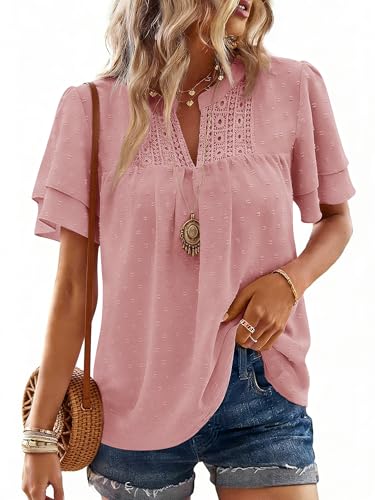 Bellcoco Summer Tops for Women Boho Butterfly Short Sleeve V Neck Blouses Swiss Dot Shirts Dressy Casual Flowy Outfits 2026(Pink,X-Large)