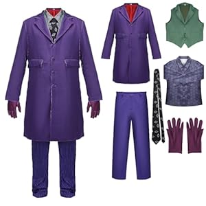 Joker-Kostüm für Erwachsene und Herren, Clown-Outfits, Cosplay, Halloween, violetter Anzug mit Jacke, Krawatte, Hose, Mantel, Handschuhe, Party-Zubehör (Erwachsene, Größe 2XL)
