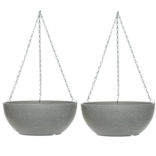 Garden Gear Large Cool Grey Stone Effect Hanging Basket Durable 35cm Diameter Planter with 3-Way Metal Chain Weather-Resistant for Outdoor Gardens (2)