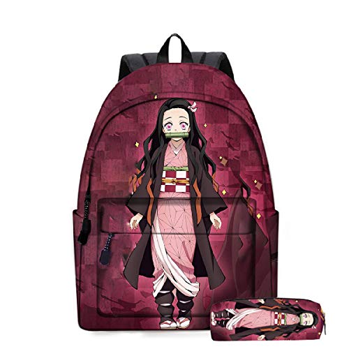 Yumenam Unisex Rucksack + Federmäppchen Tanjirou Nezuko 3D Anime Druck Casual Daypack Laptop Rucksack Schoolbag Multifunktions-Rucksack Cover