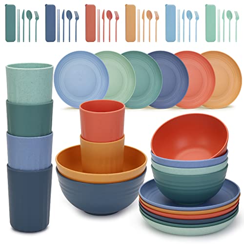 Beyoung Wheat Straw Dinnerware 6 Sets (54Pcs), Unbreakable Multicolor Eco Friendly Reusable Plates Bowls & Cups - Dishwasher, Microwave Safe, Bpa Free, Ideal For Family Dinner/Picnic/Camping #TOP7