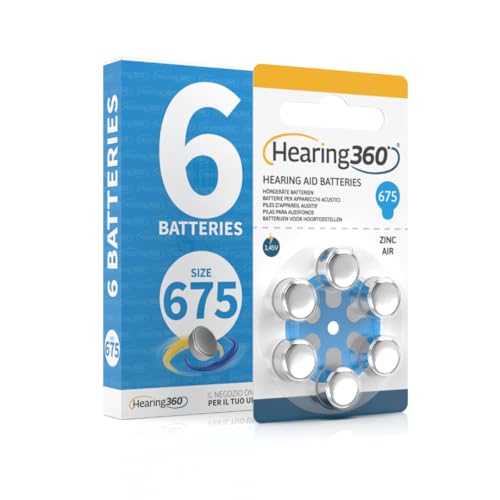 Hearing360 baterías para audífonos PR44 mide 675, baterías libres de mercurio extra durabilidad y fiabilidad (1 blister azul, 6 pilas)