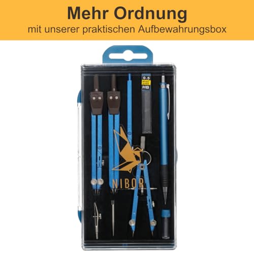 Premium Zirkelset von NIBOR in schönen Farben | Langlebiges, 9-teiliges Geometrieset | Geeignet um Präzision zu erschaffen | Blau