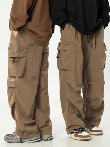 Mens's Baggy Cargo Pants Casual Parachute Pants Loose Fit Hip Hop Harme Lightweight Water Resistant Pants with Pockets Khaki2