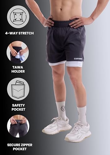 Image of COITONIC 2 in 1 Active Dual Black Shorts with Inner Tights Layer | Men's Double Layer Short for Running, Gym & Sports