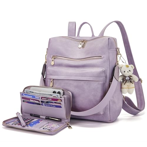 Image of Soperwillton Women Backpack Purse Shoulder Handbags Travel Bag Set 2pcs | Soft PU Leather,Large Capacity,Many Pockets,with a Functional Wallet,with a Detachable Shoulder Strap,Multipurpose Design