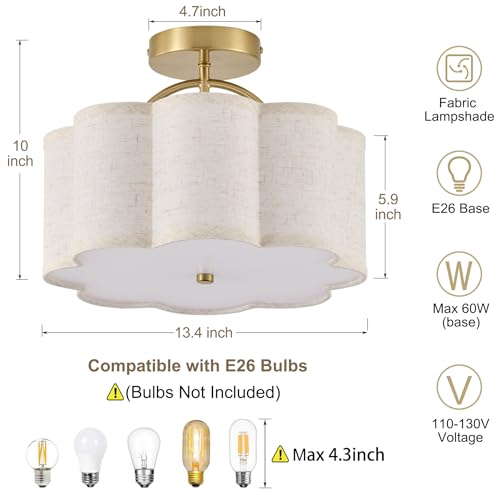 Giutna 13.5" Semi Flush Mount Ceiling Light Fixture for Bedroom, 3-Light Flower-Shape Modern Close to Ceiling Light with Fabric Shade for Hallway Nursery Kitchen Island(Hemp-Color) by Giutna - Used condition - Image 2