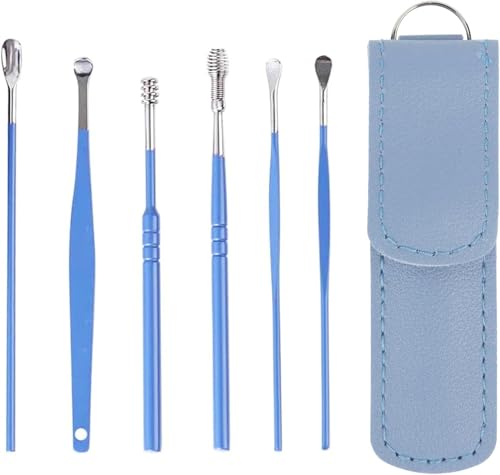 Image of 6 Pcs Reusable Ear Wax Removal Tool Kit, Stainless Steel Ear Cleaner Set with Spiral Curette & Leather Pouch for Men & Women (Blue)