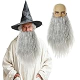 FOUNSHO Sorcier Longue Fausses Barbes Moustaches pour Adultes, Drôle Vieux Homme Grand-père Gris Fausse Facial Barbe de Déguisement Homme Drôle Costume de Fête Noël Halloween Accessoires (Gris)