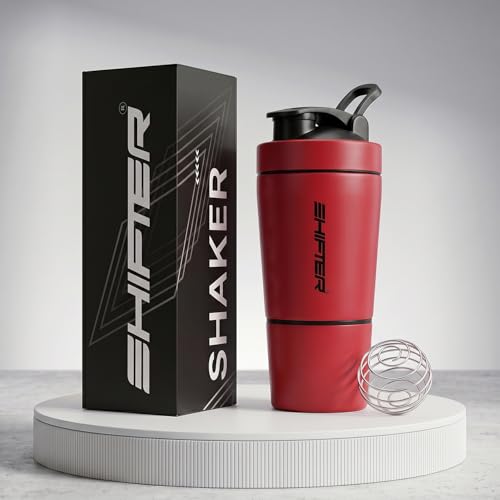 Image of Shifter Stainless Steel Gym Shaker Bottle 500ml | Protein Shaker with Mixer Ball | Leakproof Metal Blender Bottle| Gym, Fitness, Workout, Sports Water Bottle for Men & Women (RED-2)