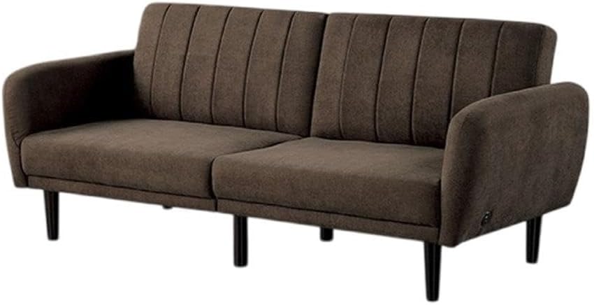 Pemberly Row Fold Out Futon Sofa Bed, Dark Brown Upholstery, Retro Channel Tufted Back, Pocket Coil Seating, Metal Frame, Wood Legs, USB Ports, Convertible Design for Living Room or Guest Room