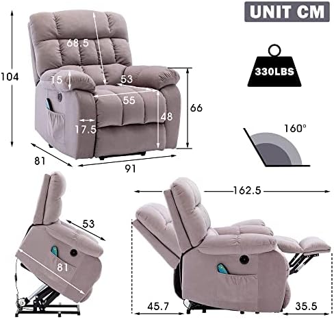 ZYLOYAL10 Electric Power Lift Recliner Chair Sofa with Massage and Heat for Elderly 2 Side Pockets USB Ports Single Recliner Chairs for Living Room Overstuffed Breathable Fabric Reclining (Beige)