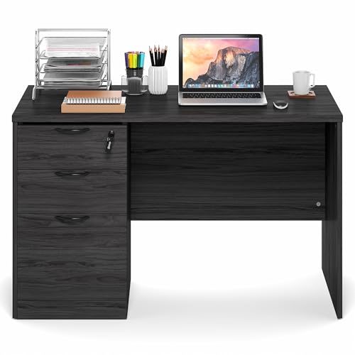 Image of Furinno Roger 47 Inch Executive Desk with File Cabinet, Home Office Desk with 3-Drawer Fixed Pedestal Filing Cabinet, Desk Cord Grommet, for Home Office, Coastal Grey