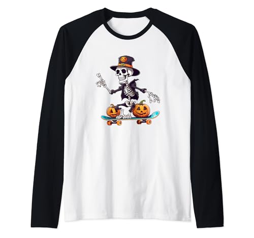 Esqueleto mano paz Halloween jugando patineta calabaza Camiseta Manga Raglan