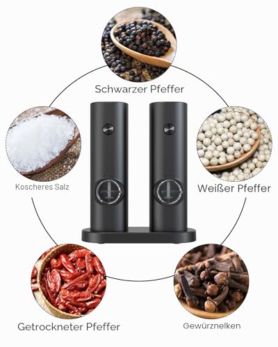 Foto von COKUNST Elektrische Salz und Pfeffermühlen Set, Batteriebetrieben Schwarze Pfeffermühle mit Basis, 5 Grobstufen Verstellbar, Automatisches Mahlen mit LED-Licht für BBQ Restaurant Küche