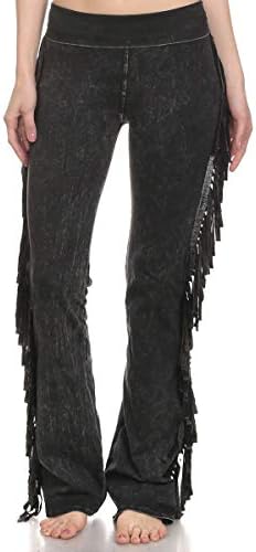 T Party Women's Fringe Leg Mineral Wash Yoga Pants (Small, Black)