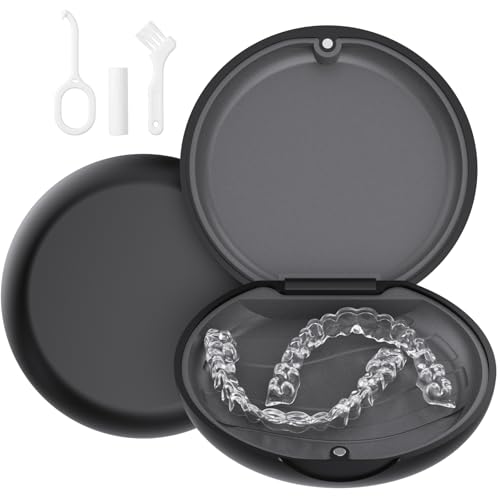 Retainer Case, Compatible with Invisalign, Cute Orthodontic Slim Aligner Case with Removal Tool and Brush, Graphite Black