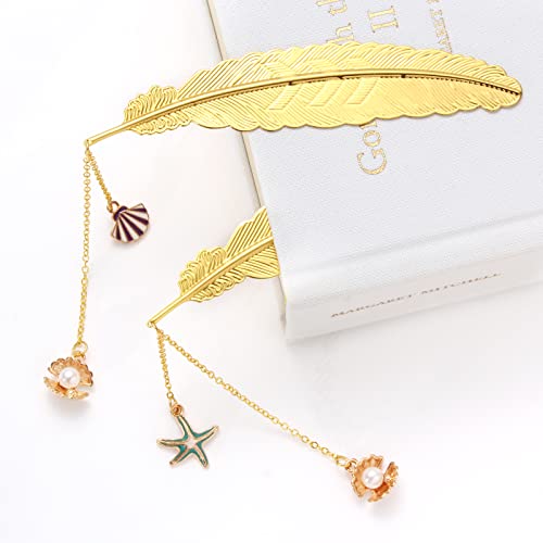 2 Pcs Metal Feather Bookmarks With Unique Pendants By Soykay (Gold Seashell & Starfish) #TOP3
