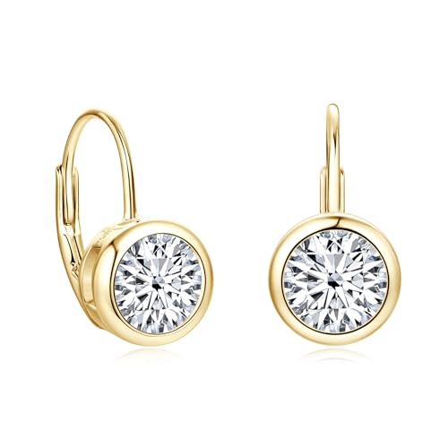 AOKSUNS Moissanite Leverback Hoop Earrings for Women 14K Gold Plated Bezel Set Imitation Diamond Drop Earrings (Golden-2CTTW)